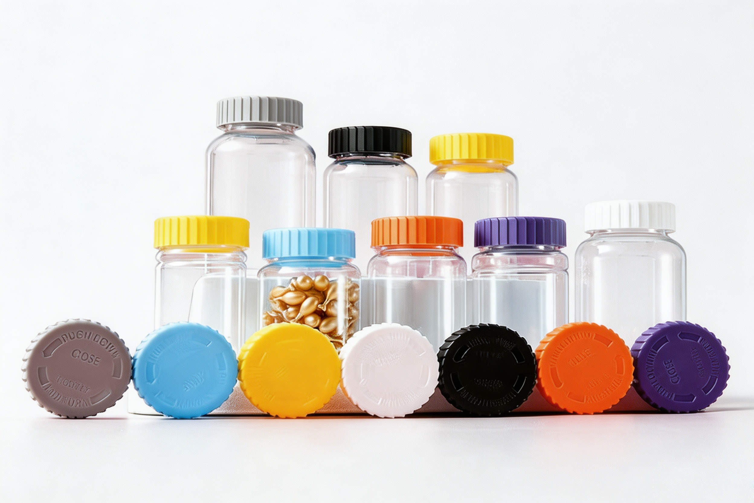 Clear supplement bottles with multiple colorful closure options